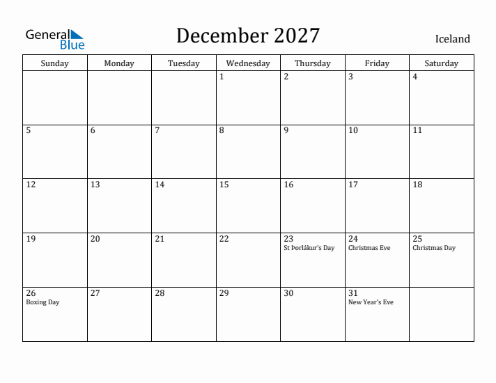 December 2027 Calendar Iceland