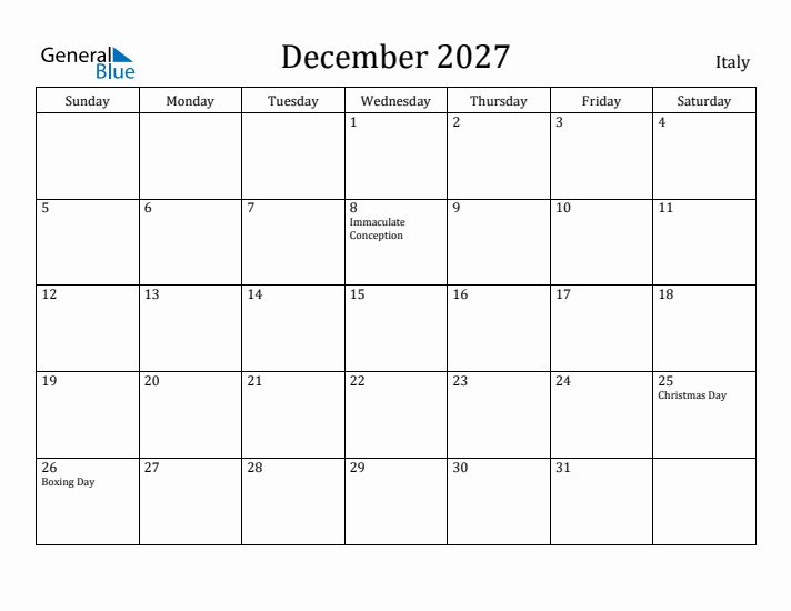 December 2027 Calendar Italy
