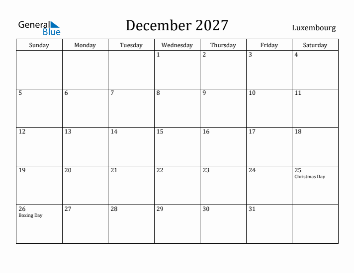 December 2027 Calendar Luxembourg