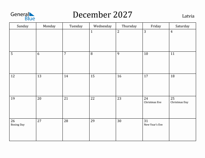 December 2027 Calendar Latvia