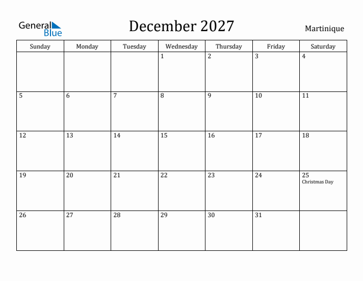 December 2027 Calendar Martinique