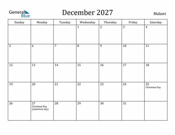 December 2027 Calendar Malawi