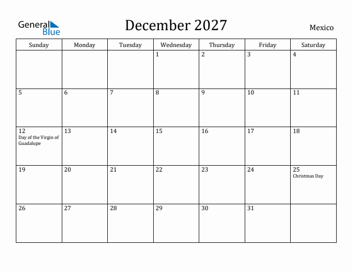 December 2027 Calendar Mexico