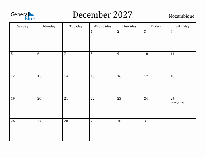December 2027 Calendar Mozambique
