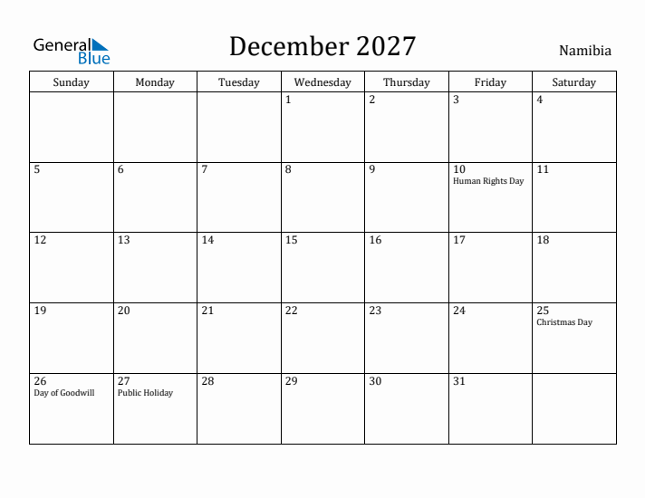 December 2027 Calendar Namibia