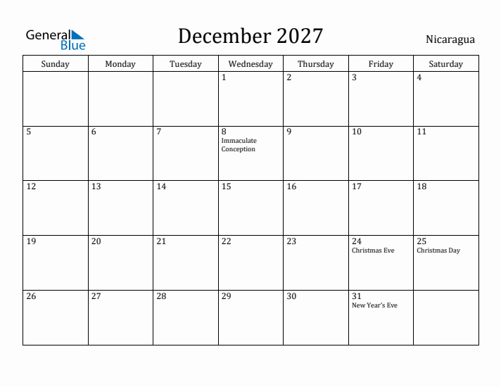 December 2027 Calendar Nicaragua