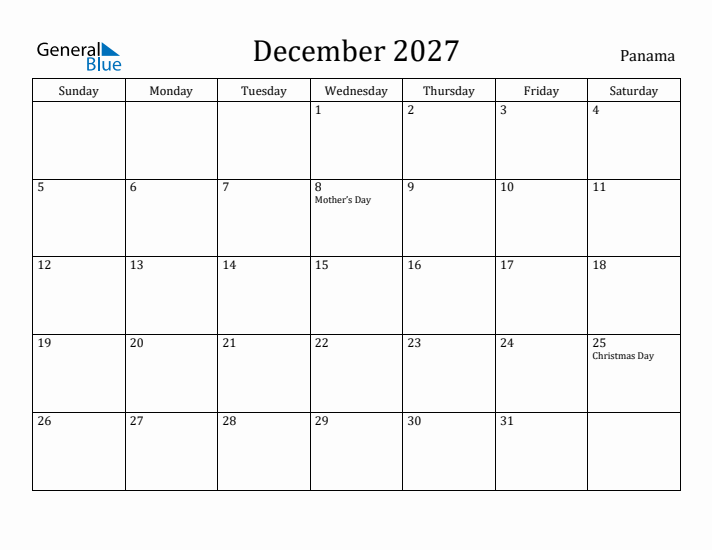 December 2027 Calendar Panama