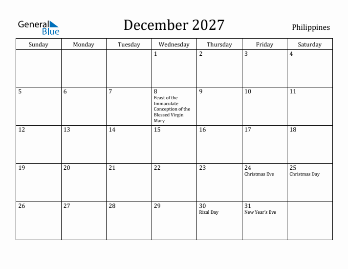 December 2027 Calendar Philippines