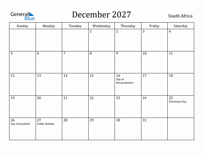 December 2027 Calendar South Africa