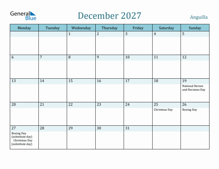 December 2027 Calendar with Holidays