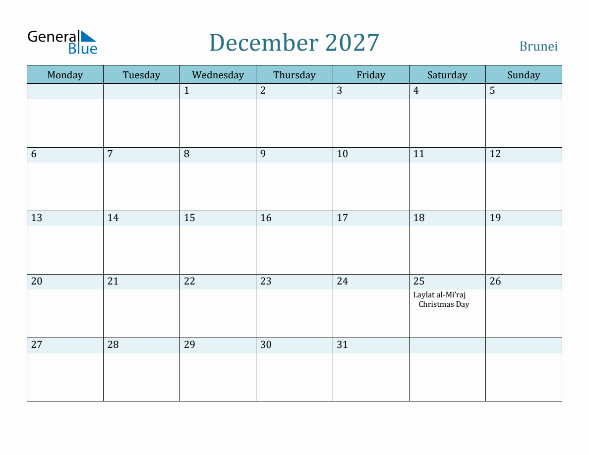 Brunei Holiday Calendar for December 2027