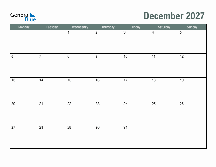 Free Printable December 2027 Calendar