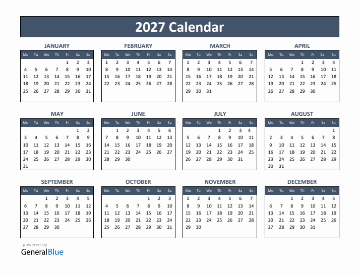 Basic Annual Calendar for Year 2027