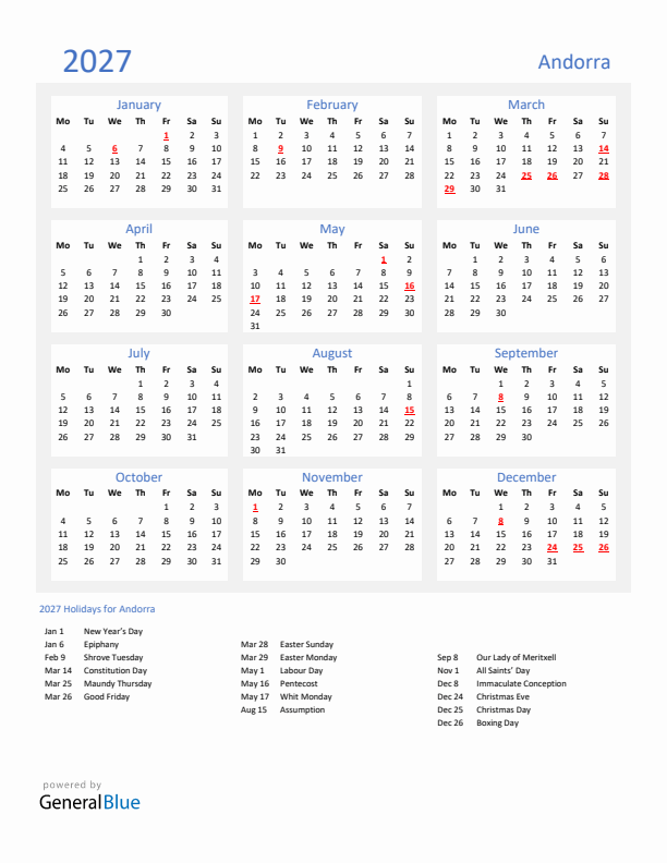 Basic Yearly Calendar with Holidays in Andorra for 2027 