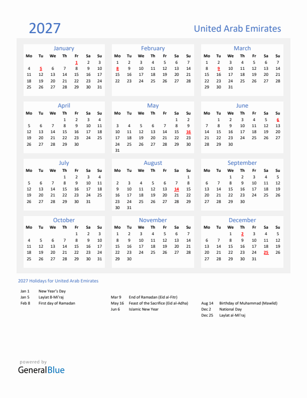 Basic Yearly Calendar with Holidays in United Arab Emirates for 2027 
