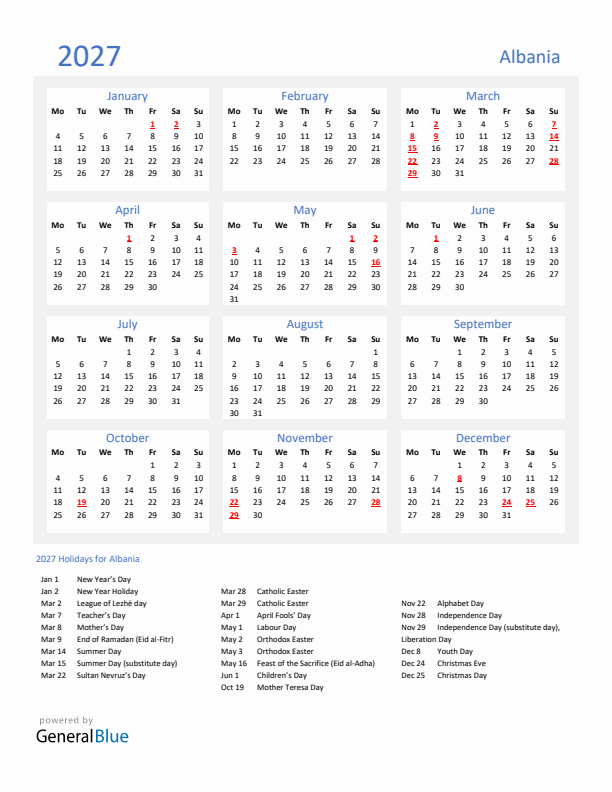 Basic Yearly Calendar with Holidays in Albania for 2027 