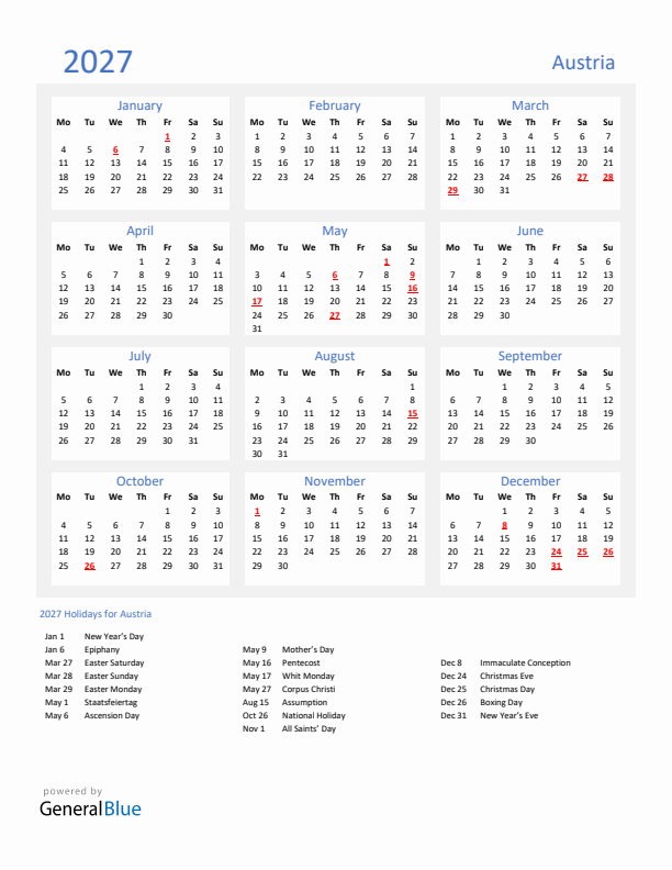 Basic Yearly Calendar with Holidays in Austria for 2027 