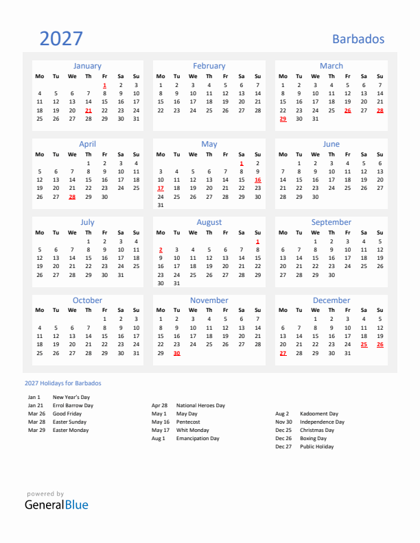Basic Yearly Calendar with Holidays in Barbados for 2027 