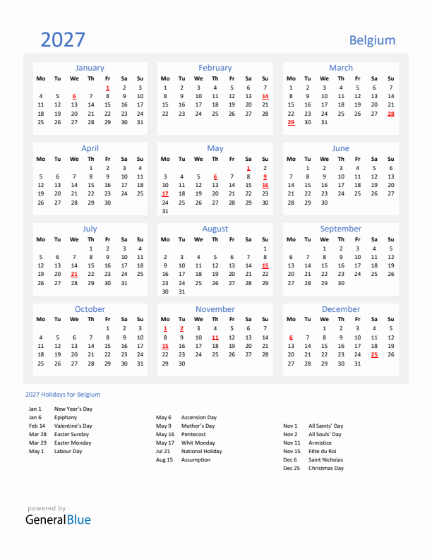 Basic Yearly Calendar with Holidays in Belgium for 2027 