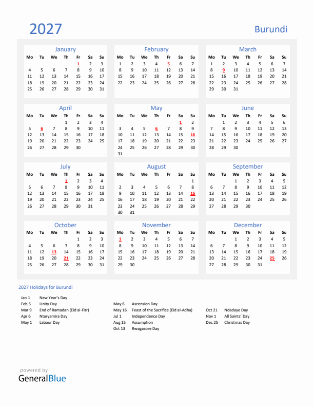 Basic Yearly Calendar with Holidays in Burundi for 2027 