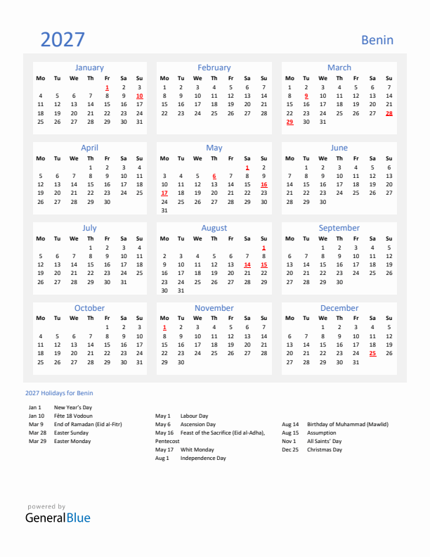 Basic Yearly Calendar with Holidays in Benin for 2027 