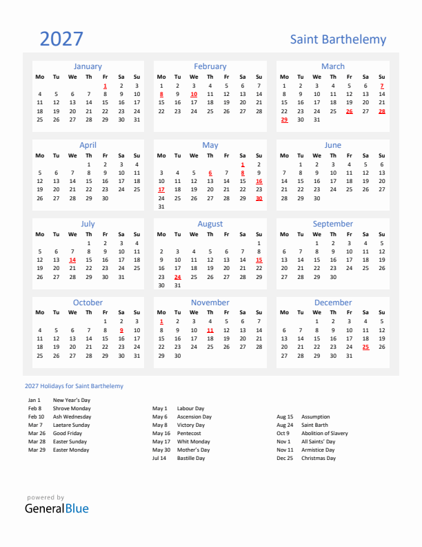 Basic Yearly Calendar with Holidays in Saint Barthelemy for 2027 