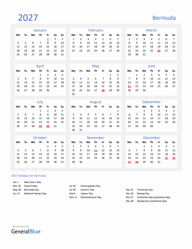 Basic Yearly Calendar with Holidays in Bermuda for 2027 