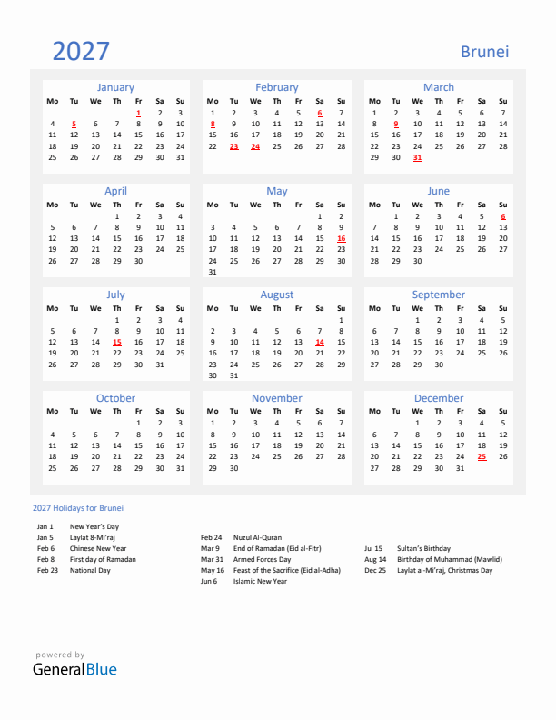 Basic Yearly Calendar with Holidays in Brunei for 2027 