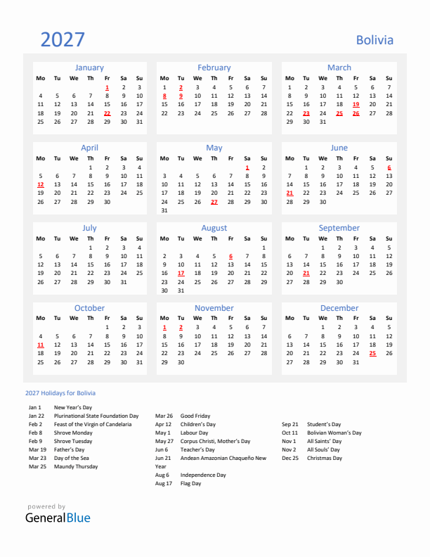 Basic Yearly Calendar with Holidays in Bolivia for 2027 
