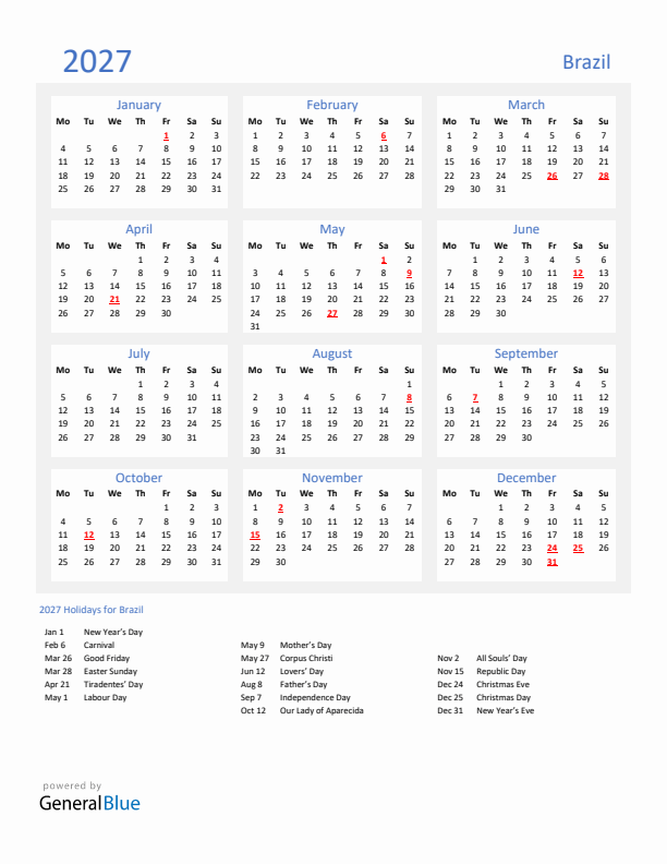 Basic Yearly Calendar with Holidays in Brazil for 2027 