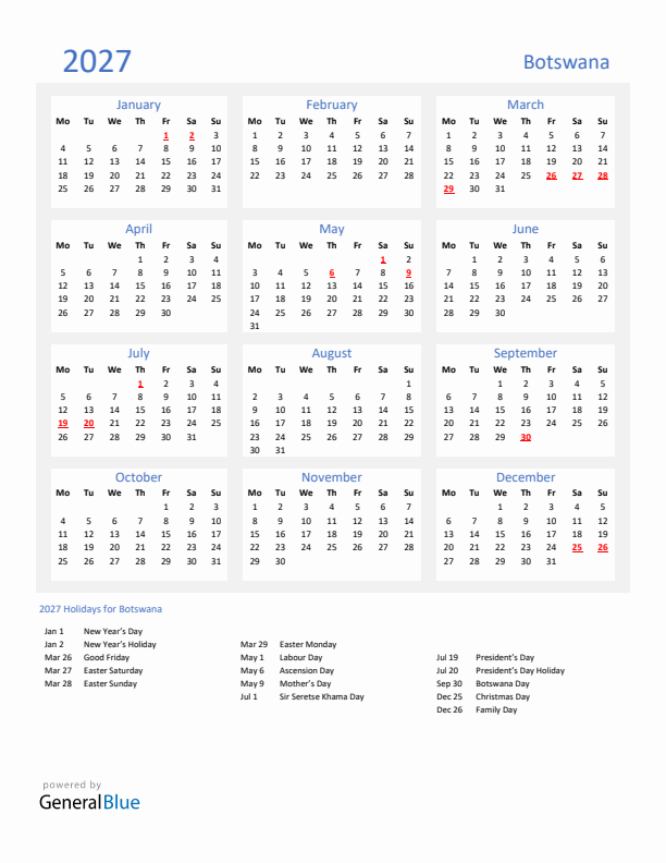 Basic Yearly Calendar with Holidays in Botswana for 2027 