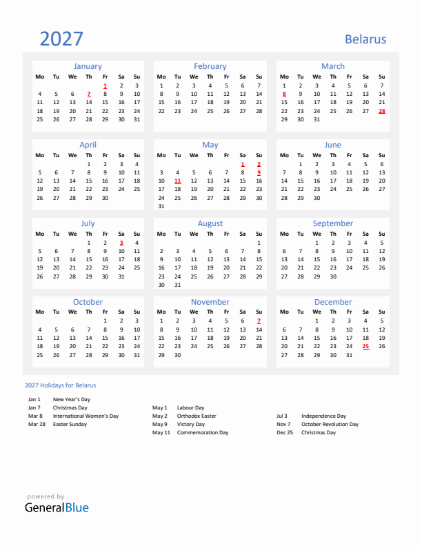 Basic Yearly Calendar with Holidays in Belarus for 2027 