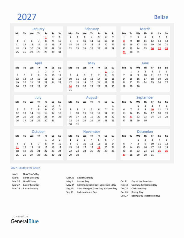 Basic Yearly Calendar with Holidays in Belize for 2027 
