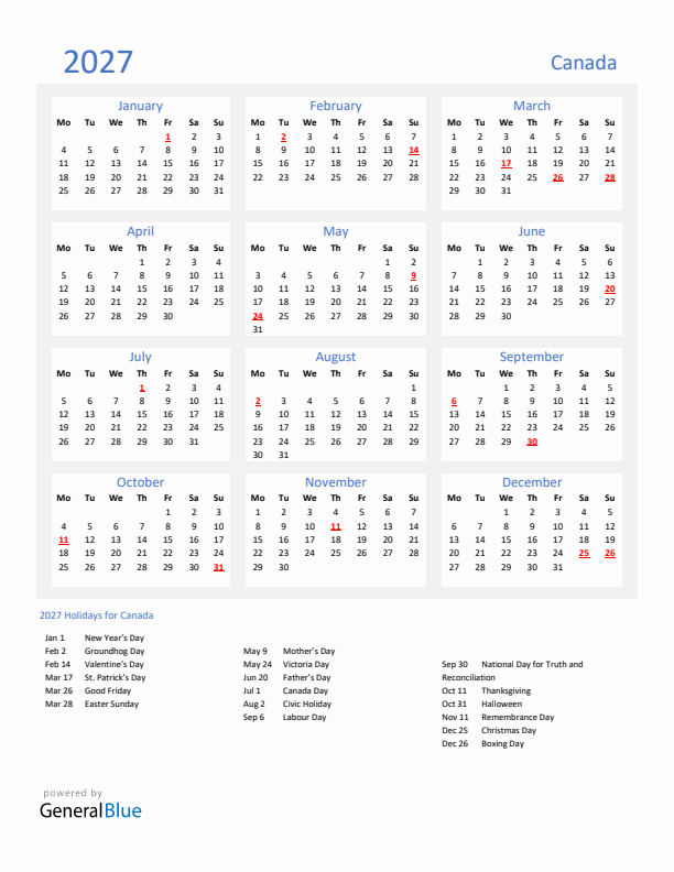 Basic Yearly Calendar with Holidays in Canada for 2027 