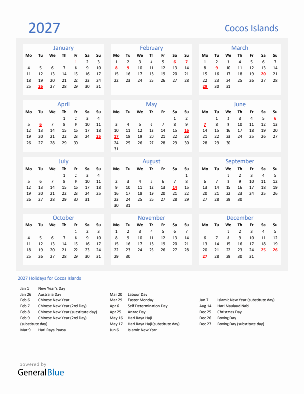 Basic Yearly Calendar with Holidays in Cocos Islands for 2027 