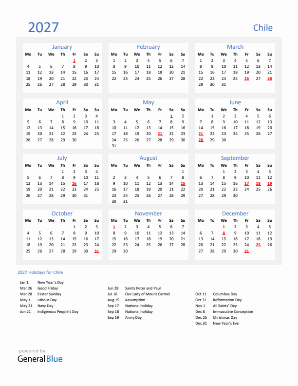 Basic Yearly Calendar with Holidays in Chile for 2027 