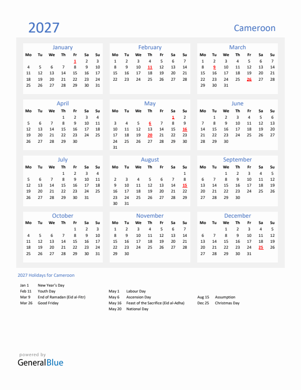 Basic Yearly Calendar with Holidays in Cameroon for 2027 