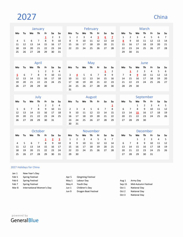 Basic Yearly Calendar with Holidays in China for 2027 