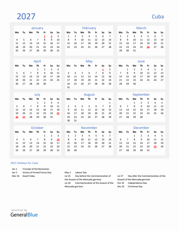 Basic Yearly Calendar with Holidays in Cuba for 2027 