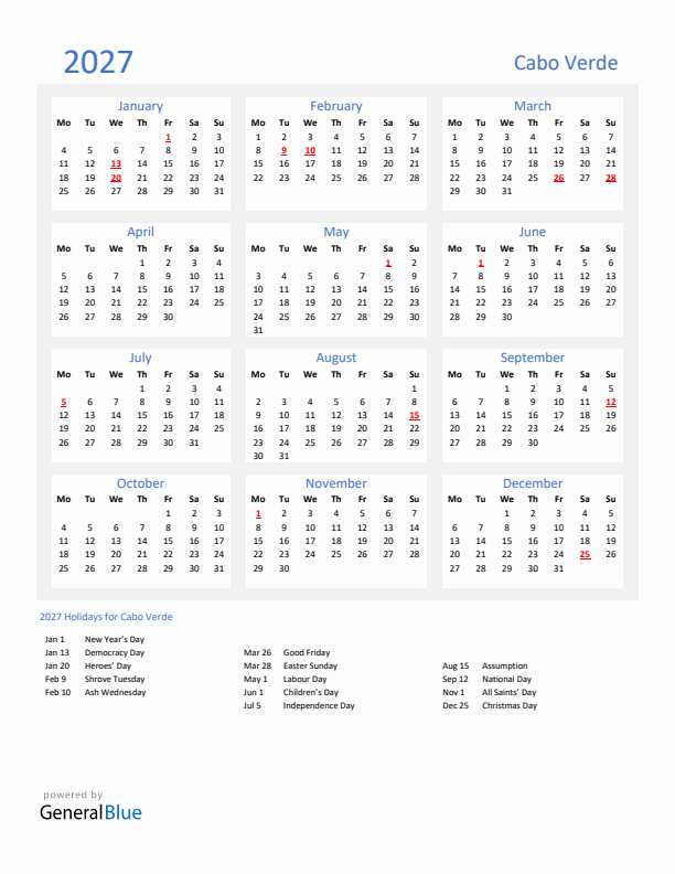 Basic Yearly Calendar with Holidays in Cabo Verde for 2027 