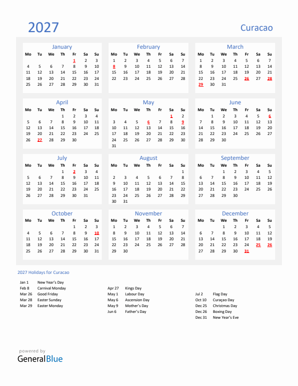 Basic Yearly Calendar with Holidays in Curacao for 2027 