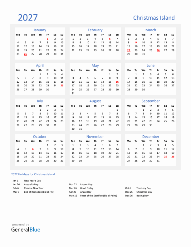 Basic Yearly Calendar with Holidays in Christmas Island for 2027 