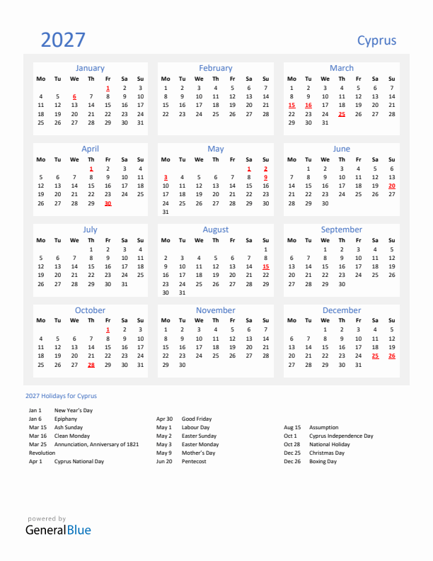 Basic Yearly Calendar with Holidays in Cyprus for 2027 
