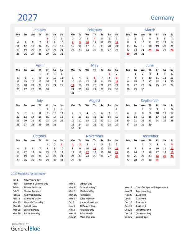 Basic Yearly Calendar with Holidays in Germany for 2027 