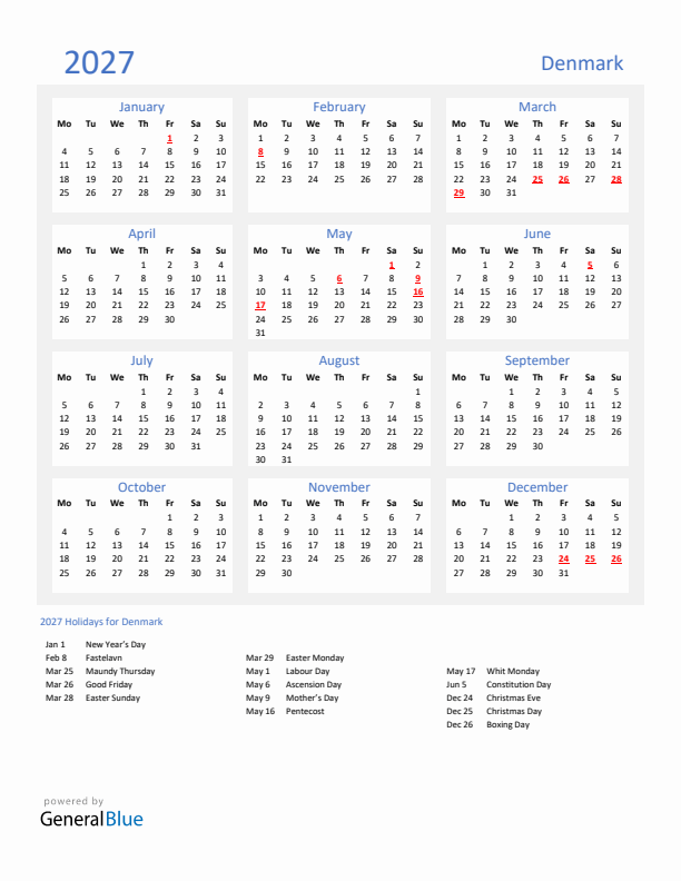 Basic Yearly Calendar with Holidays in Denmark for 2027 