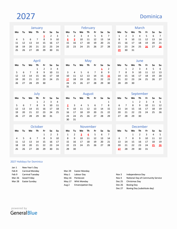 Basic Yearly Calendar with Holidays in Dominica for 2027 