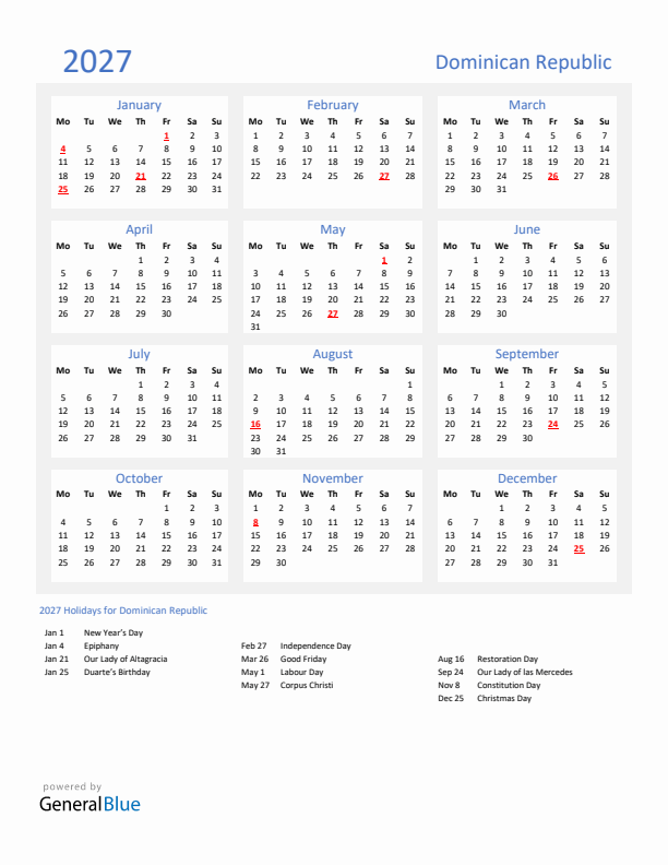 Basic Yearly Calendar with Holidays in Dominican Republic for 2027 