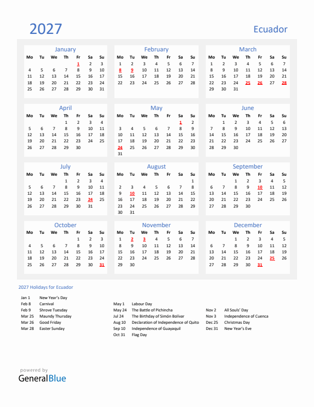 Basic Yearly Calendar with Holidays in Ecuador for 2027 