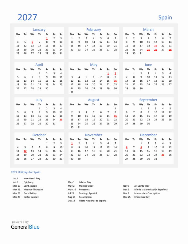 Basic Yearly Calendar with Holidays in Spain for 2027 