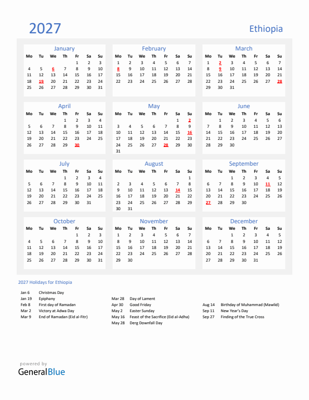 Basic Yearly Calendar with Holidays in Ethiopia for 2027 